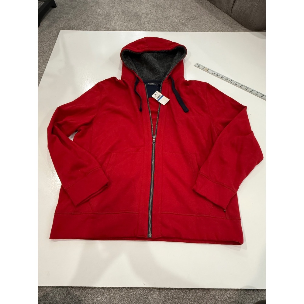 Nautica Mens Full Zip Hoodie Ribbon Red Faux Shearling Lined Hood XL